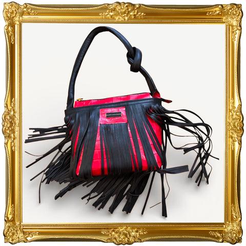 Cherry Red Croco Knot-Handle Carwash Fringe Tote